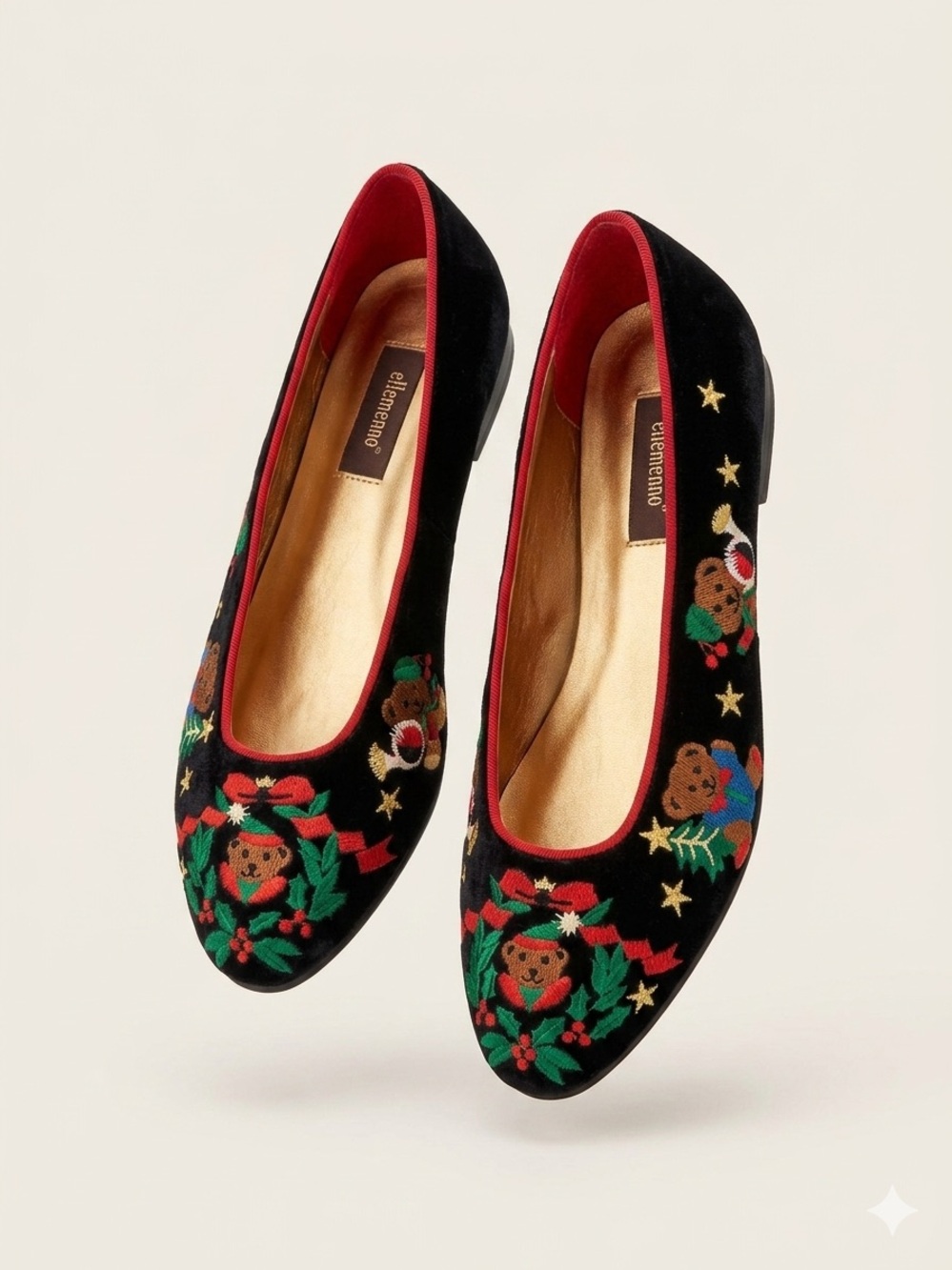 ellemenno Christmas Teddy Bear Embroidered Velvet Flats Women’s Size 7.5